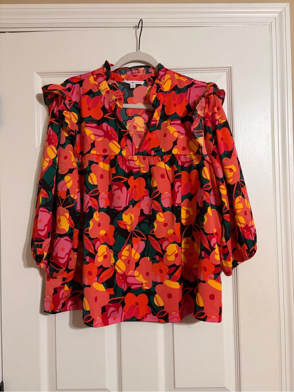 Floral Ruffle V-Neck Blouse — Pink, Red & Yellow